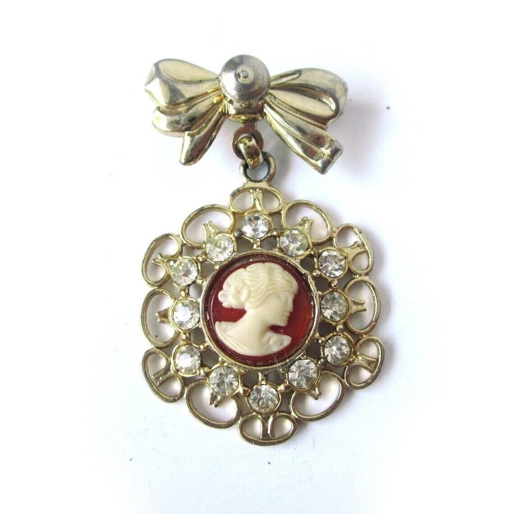 Vtg. 60s Cameo Dangle Rhinestone Brooch Revival Pin Victorian Filigree Setting